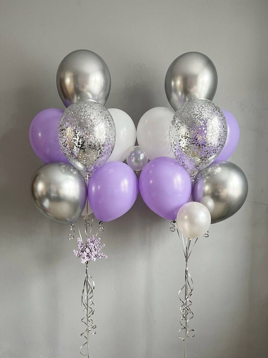 Фонтан шаров «Сиренево‑серебристое сияние»
